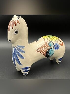 Vintage Hand-Painted Tonala Mexico Ceramic Horse Figurine Floral Accents Signed